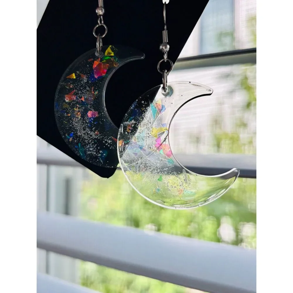 Rainbow Crescent Moon Earrings, Clear Resin Celestial Dangles with Glitter